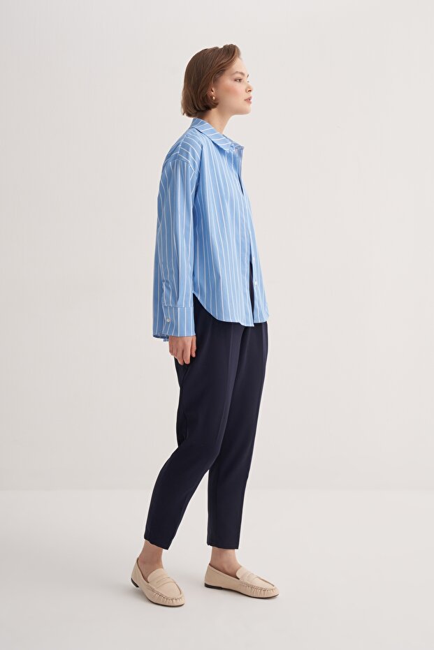 Kadın Poplin Basic Gömlek Çizgili Mavi - 3