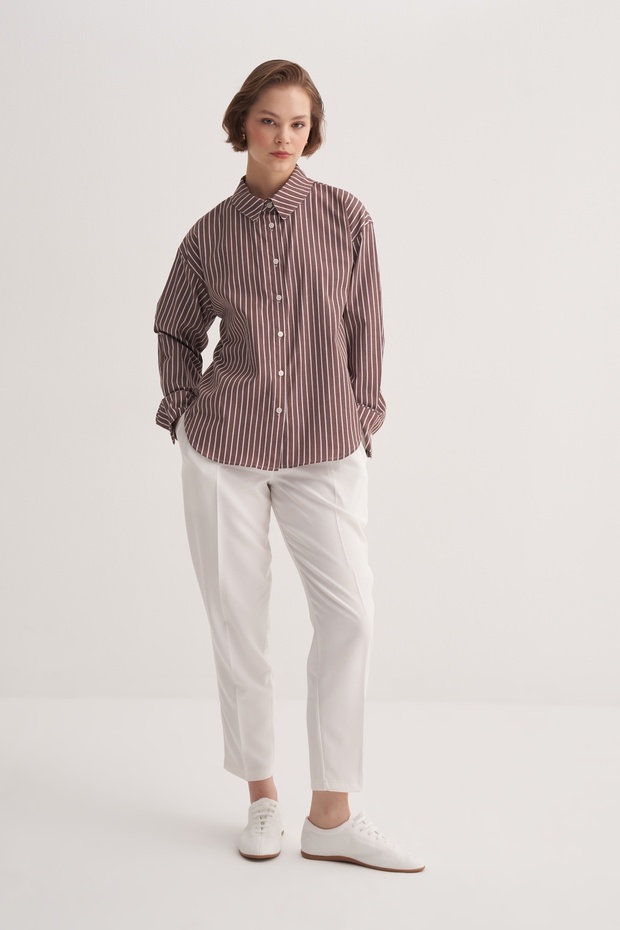 Kadın Poplin Basic Gömlek Çizgili Kahve - 1