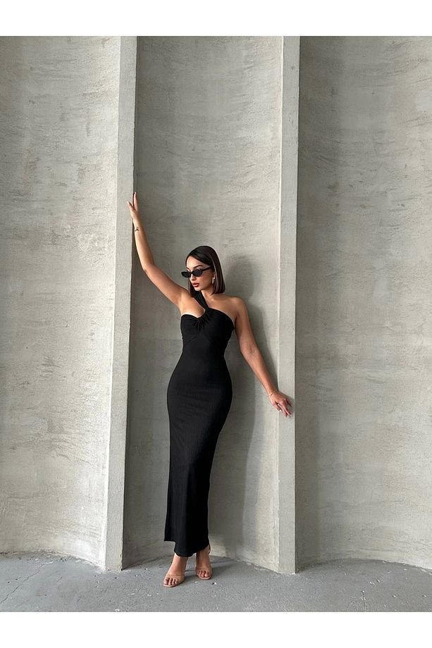 Silahlı Tower Krinkıl Tek Omuz Uzun Elbise Siyah S25455 - 6