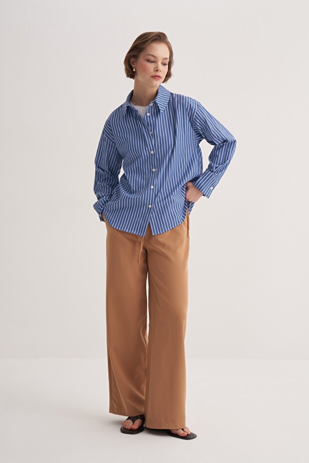 Kadın Poplin Basic Gömlek Çizgili Lacivert - 1