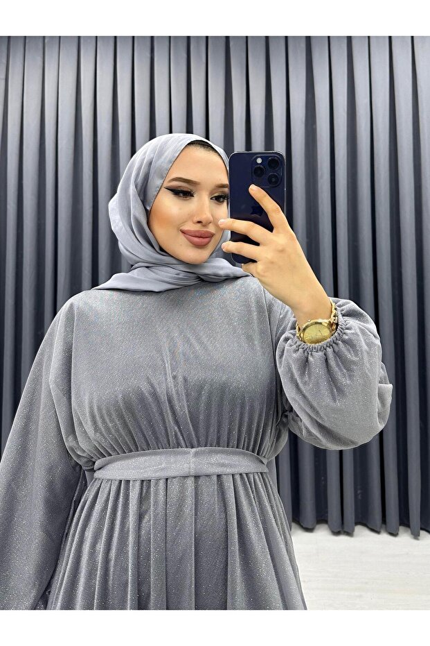 SİMLİ TÜL ELBİSE GRİ - 1