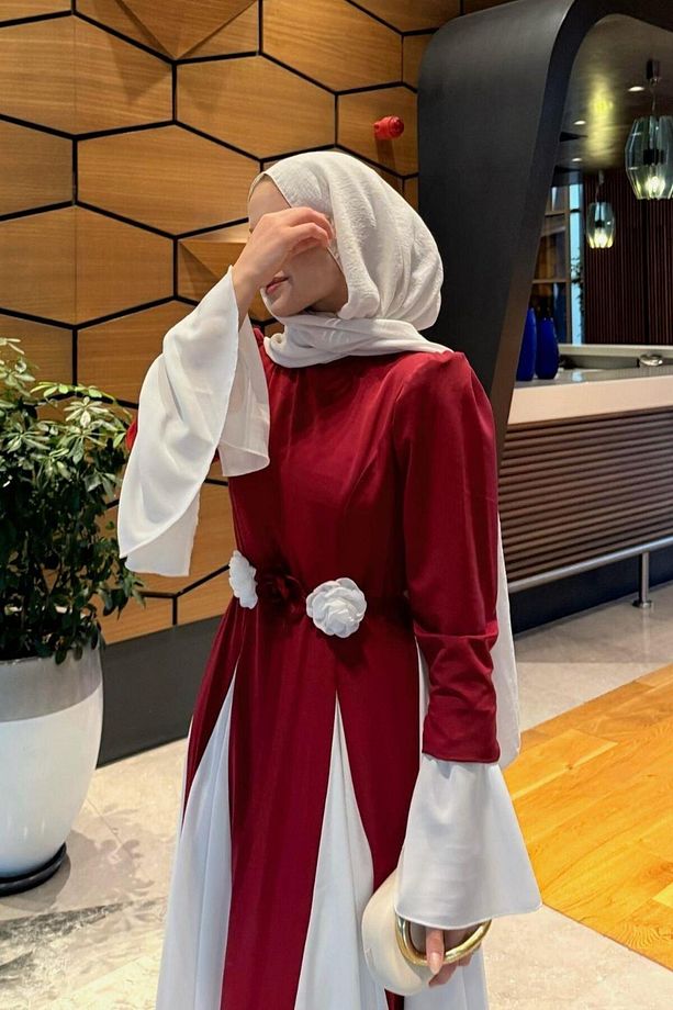 Kran Çift Renkli Elbise Bordo - 4