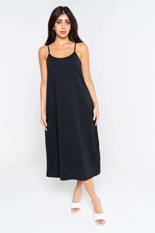 فستان متوسط الطول سادة بأشرطة رفيعة - 1