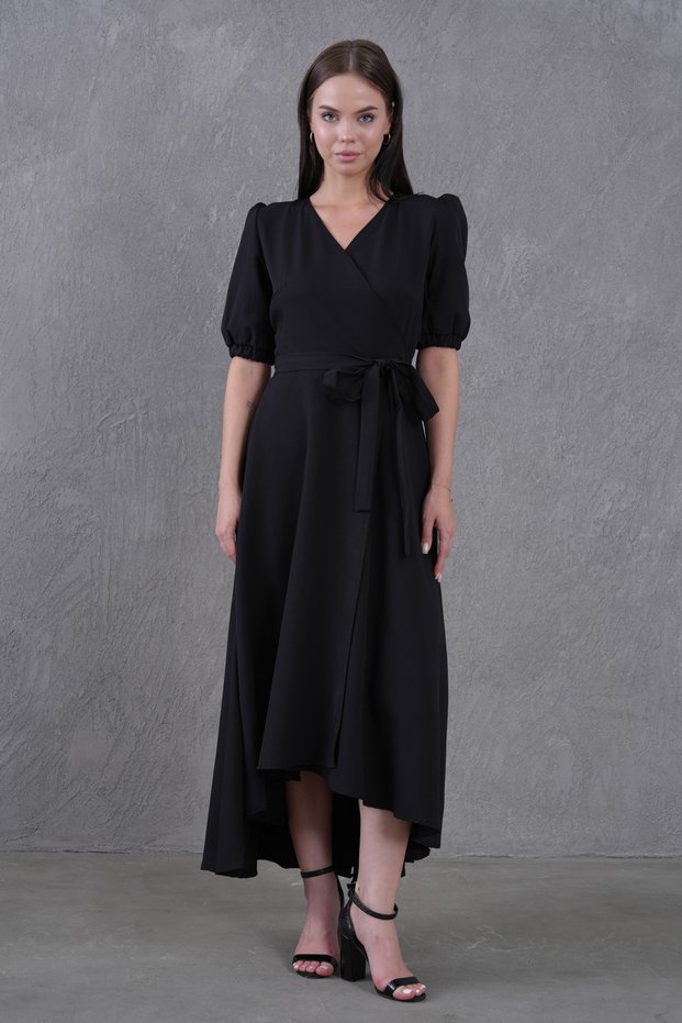 New Season Women's Belted Asymmetric Cut Stretchy Atlas Fabric Midi Length Double Breasted Collar Flared Dress 410
