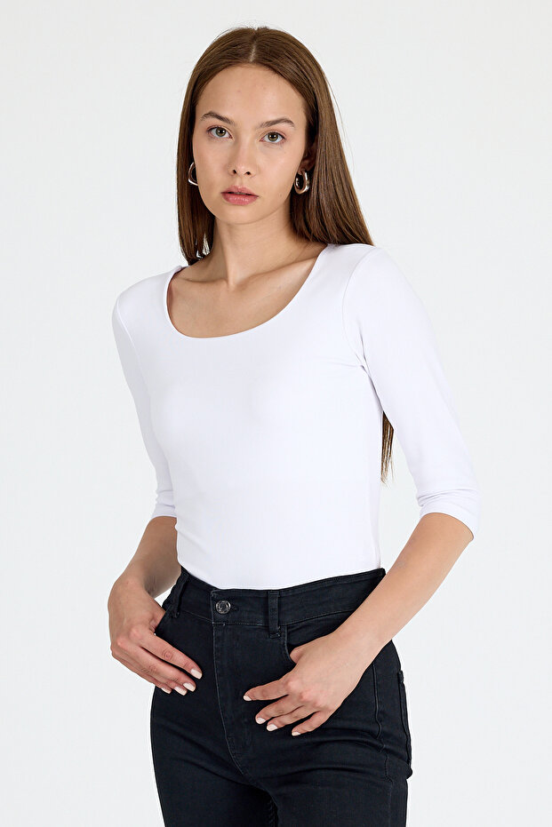 Ekru Kare Yaka Örme Body 9193M - 1