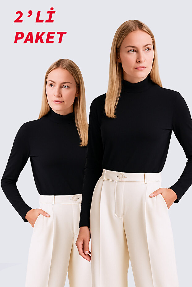 Women's Plus Size Turtleneck Long Sleeve Lycra Combed Cotton Badi - Black Set of 2