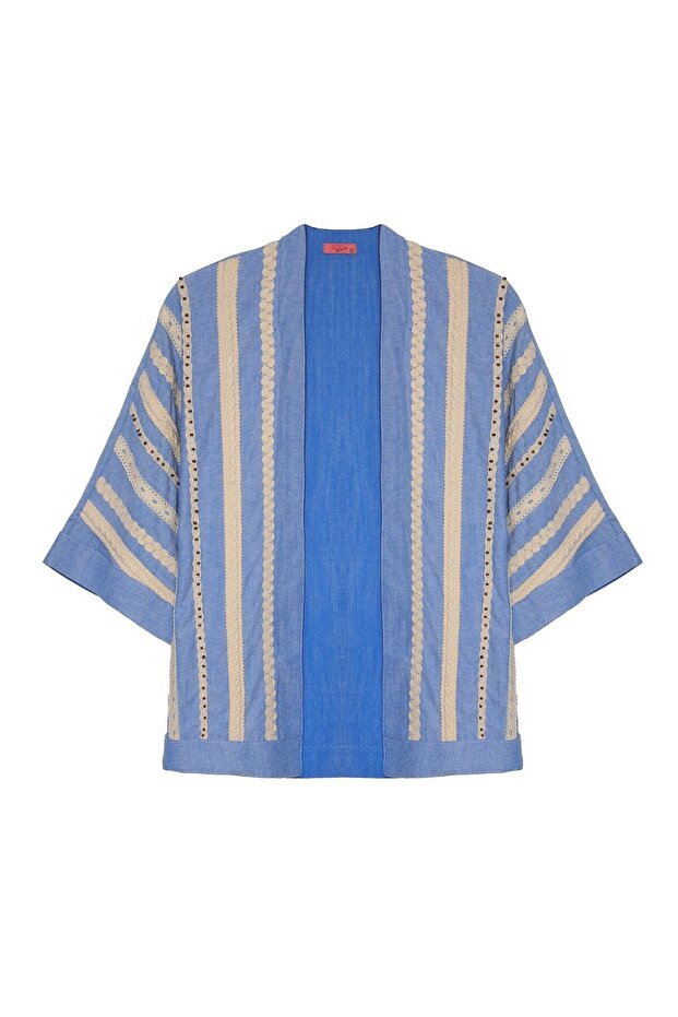 İşlemeli Kimono Mavi - 1