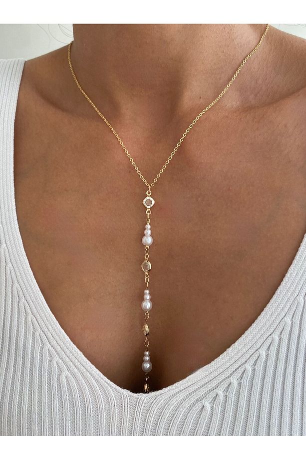 White Kristal İnci Tasarımlı Zincirli Y Kolye - 1