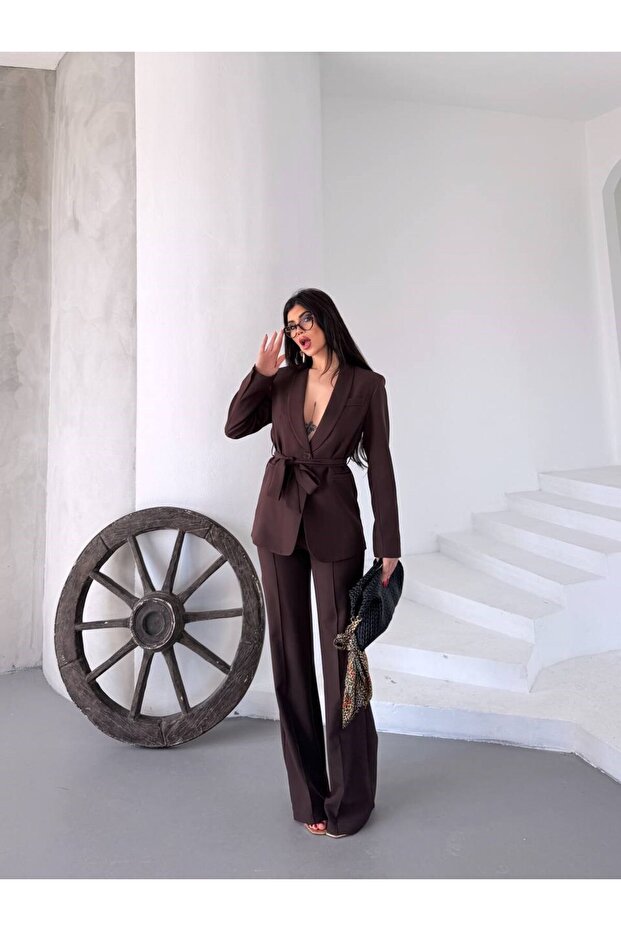 Women's double belted blazer jacket pants set