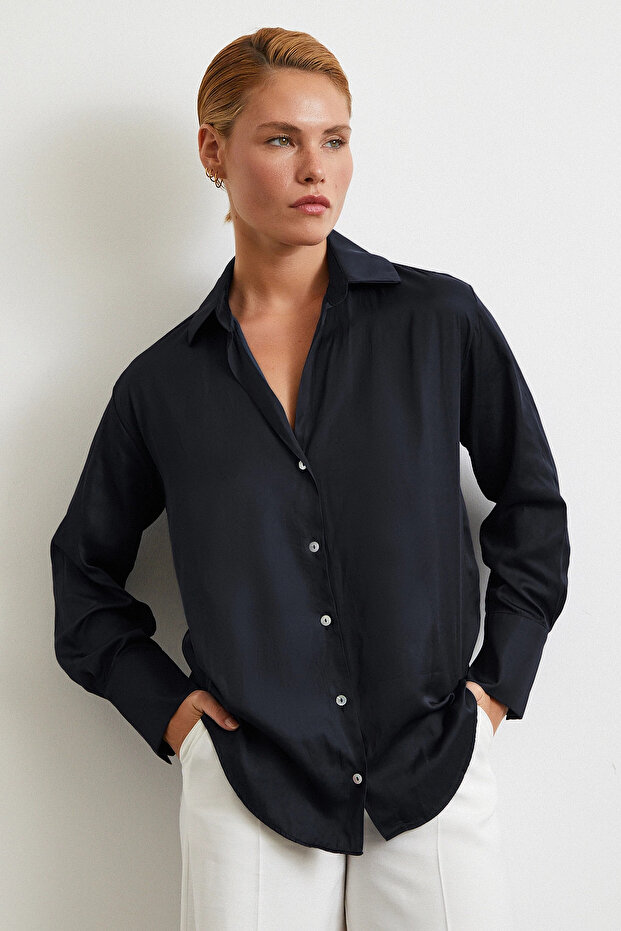 Diagonal Desen Gömlek Siyah - 1