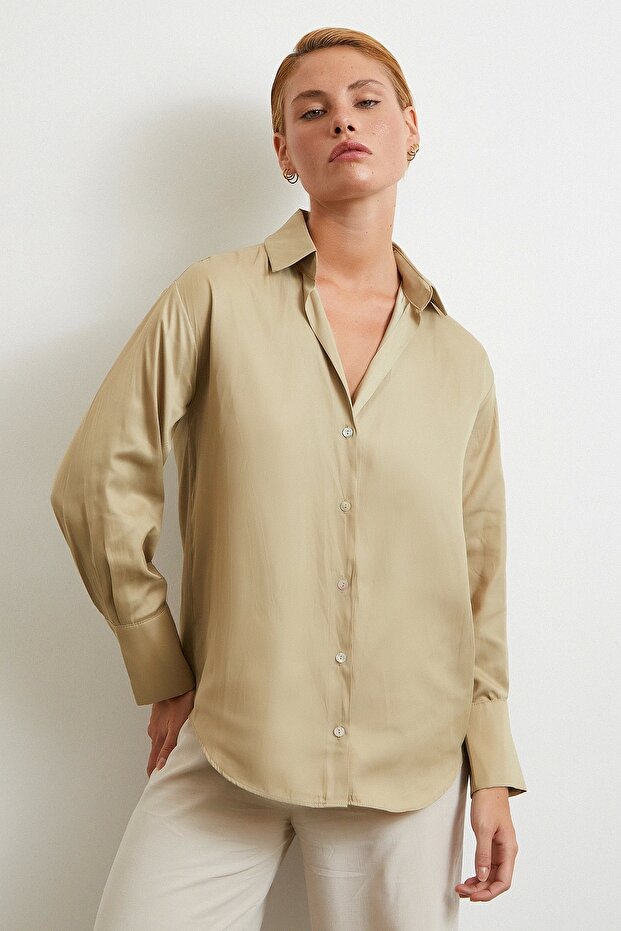 Diagonal Desen Gömlek Bej - 3