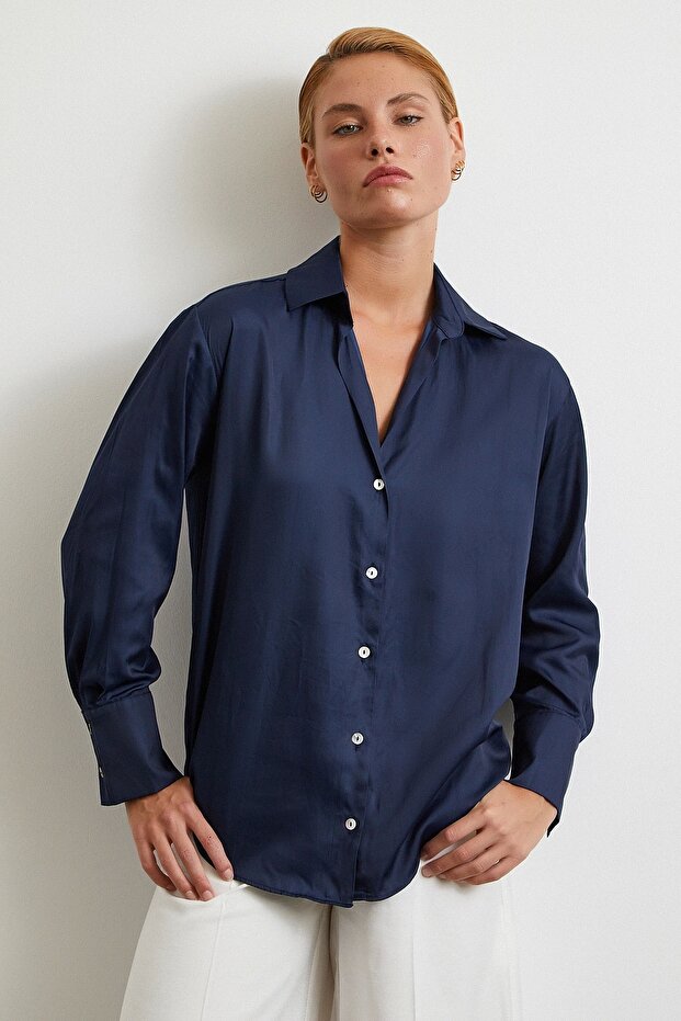 Cămașă cu model diagonal bleumarin - 3