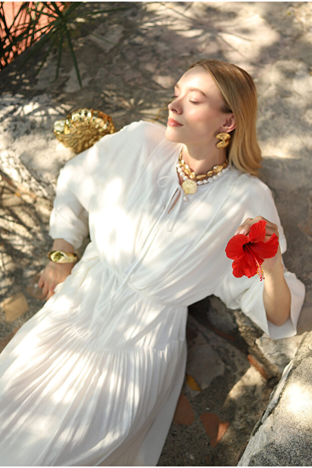 Dökümlü Uzun Elbise Ekru - 1