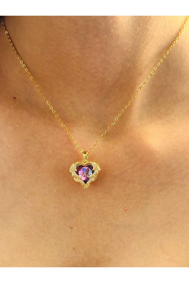 24 cm Pink Crystal Stone Heart Steel Women's Necklace