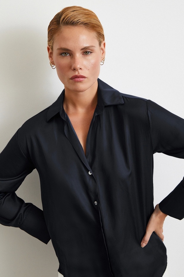 Diagonal Desen Gömlek Siyah - 3