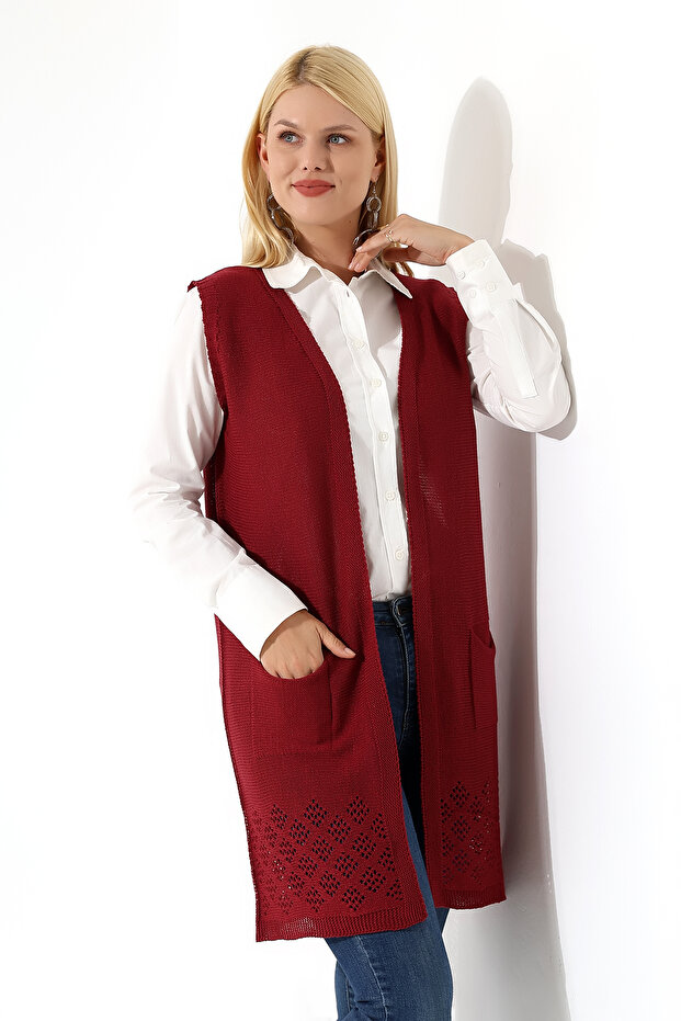 Kadın Bordo Mevsimlik Triko Yelek - 6