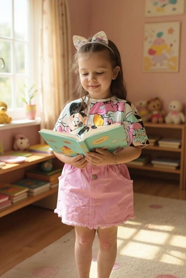 Girl's 2-Piece Set Minnie Patterned T-Shirt and Pink Denim Skirt