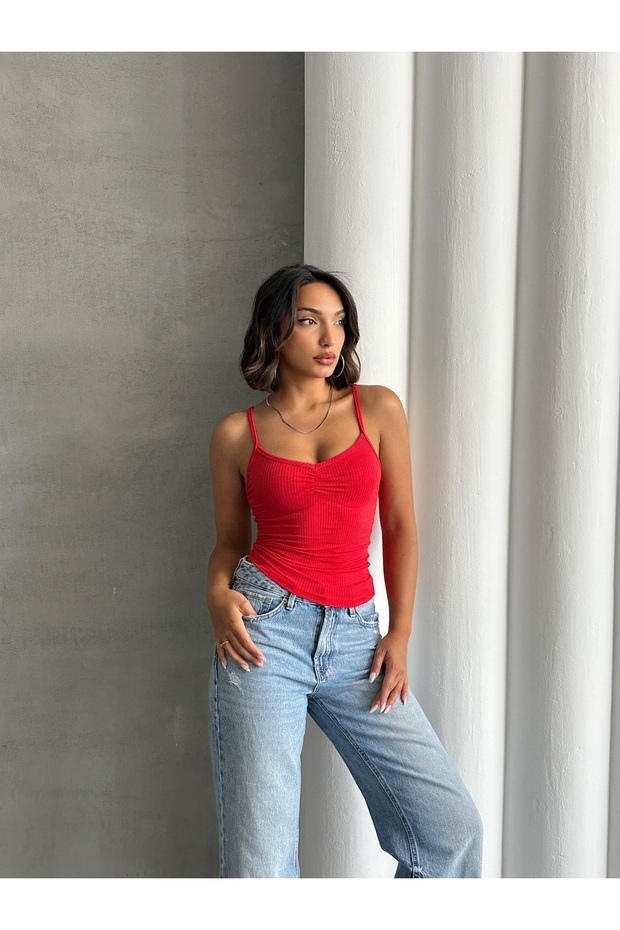 Women's Rope Strap Gathered Detailed Viscose Camisole Tank Top