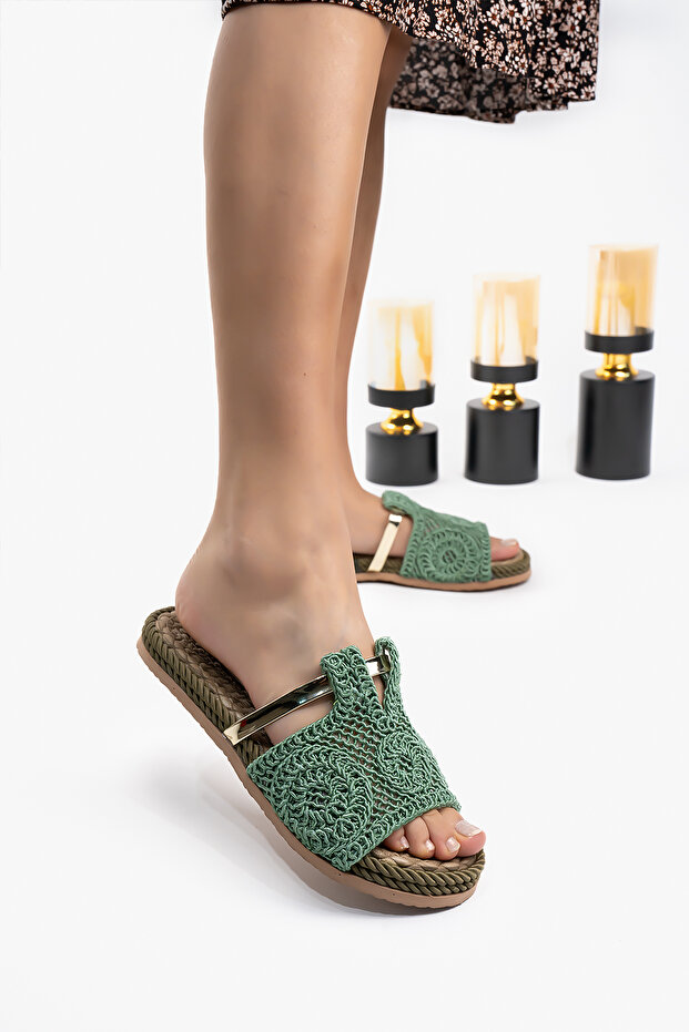 Kadın Dantel Örme Yeşil Terlik - 1