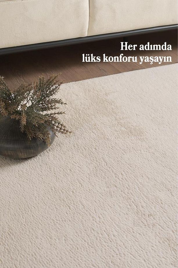 Kolay Temizlenebilir Yıkanabilir Krem Tavşan Tüyü Halı Salon Oturma Odası Yolluk Mutfak Halısı - 5