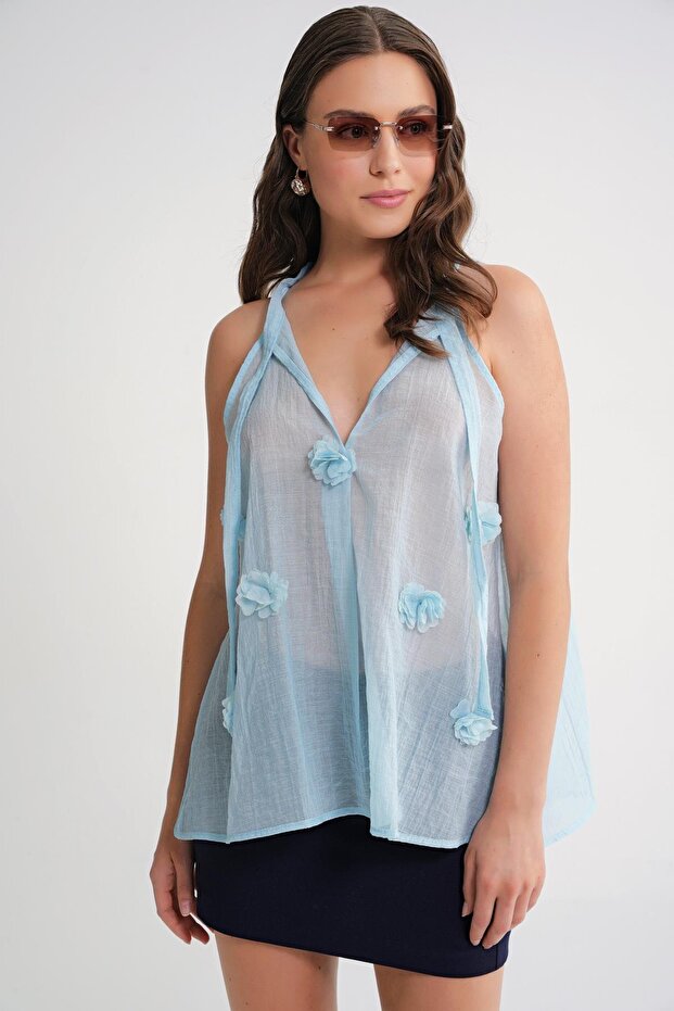 4719 Women's Floral Detailed Transparent Tie-Up Blouse Baby Blue