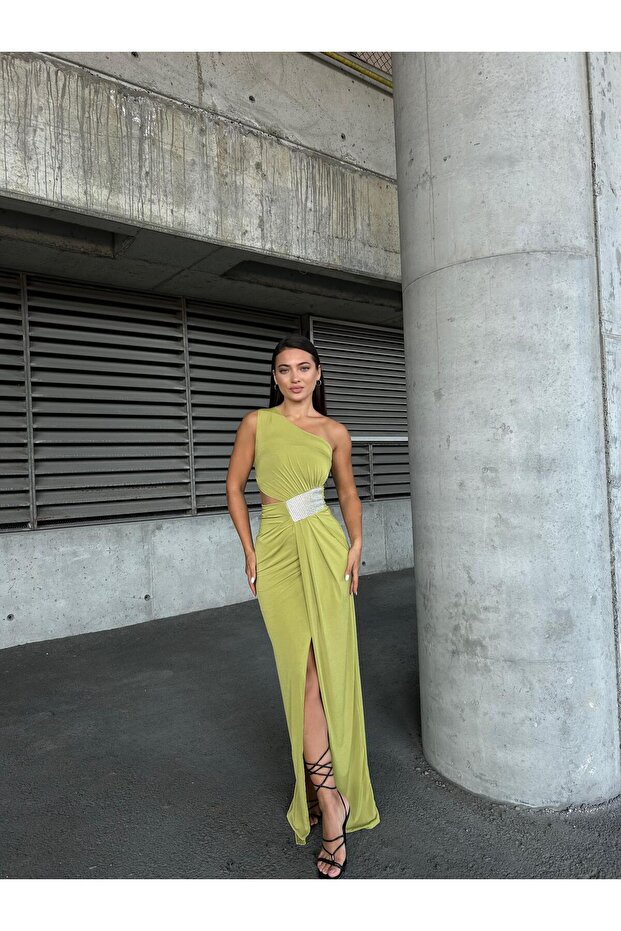 Single-Shoulder Detail Sandy Fabric Dress 583181 Pistachio Green