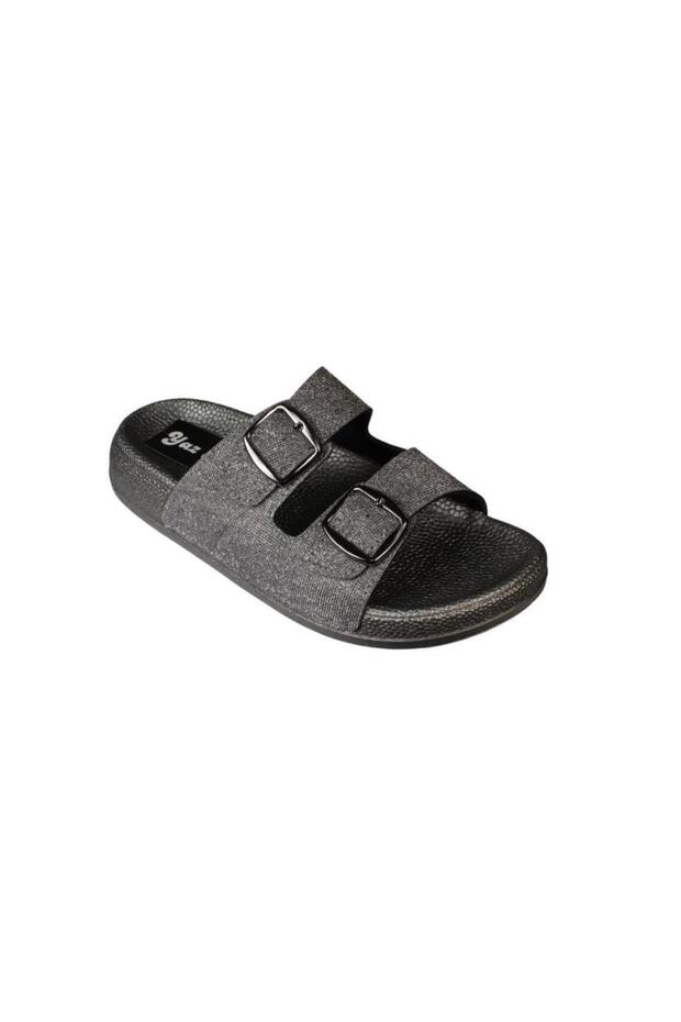Yazkiş women's black platinum double buckle shiny fabric slippers