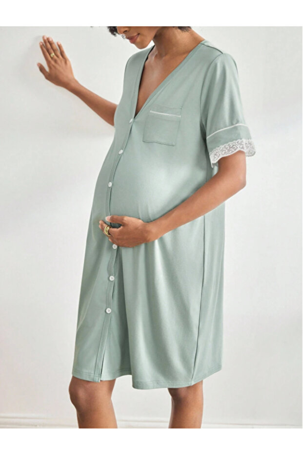 Maternity and Postpartum V-Neck Button-Front Lace Detail Nightgown
