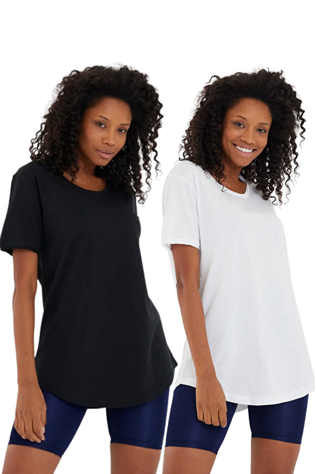 White-Black 2 Pack Regular/Normal Cut Dirty Collar Short Sleeve Women's T-Shirt