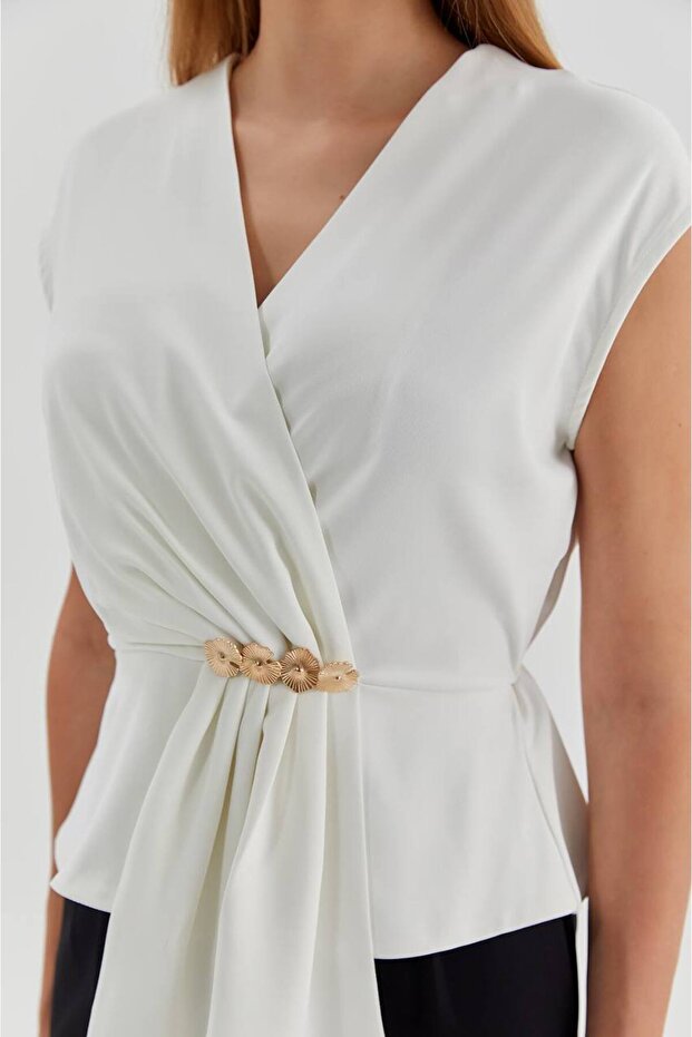Button-Detail Double-Breasted Collar Stylish Blouse