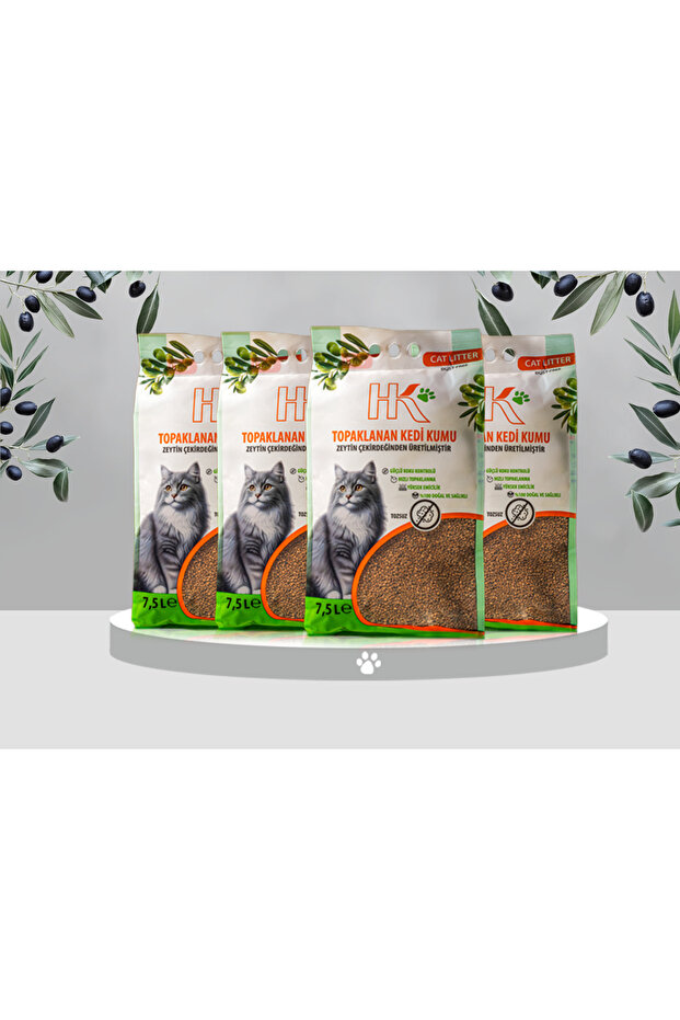 HK Cat Litter | Zeytin Çekirdeğinden Üretilen %100 Doğal Aktif Karbonlu Kedi Kumu 7.5L (4lü Paket)