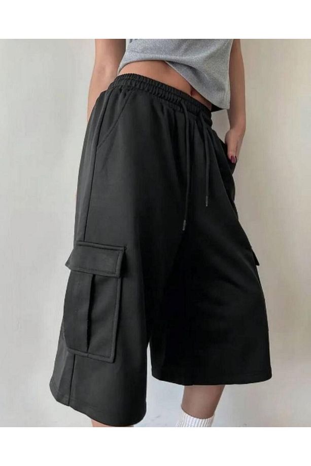 Y2K Unisex Kargo Cep Şort Bermuda Siyah - 5