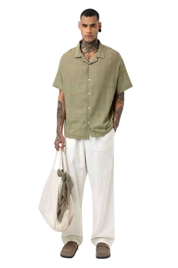 Khaki Stitching Detailed Oversize Short Sleeve Shirt