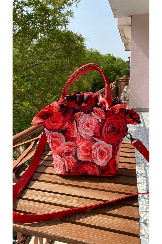 Red Floral Print Ruffle Bag