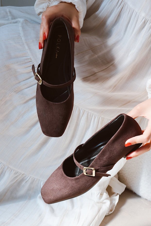 Velvet Bitter Brown Suede Closed Back Single Strap Square Toe Hard Hat Women's Ballerina Shoes Mary Jane