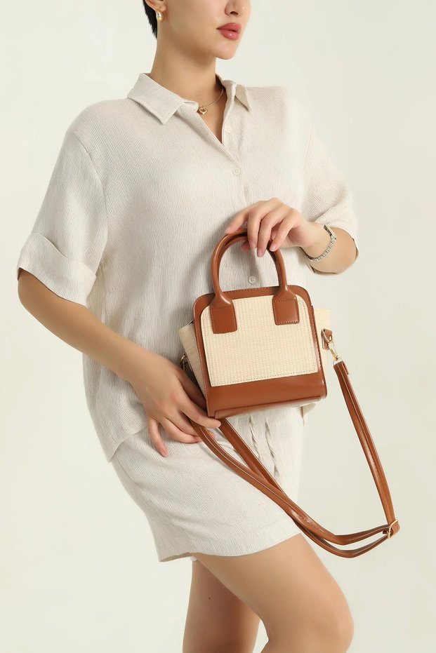 Straw Look Leather Detailed Tan Women's Shoulder and Hand Bag – Summer & Stylish Mini Bag