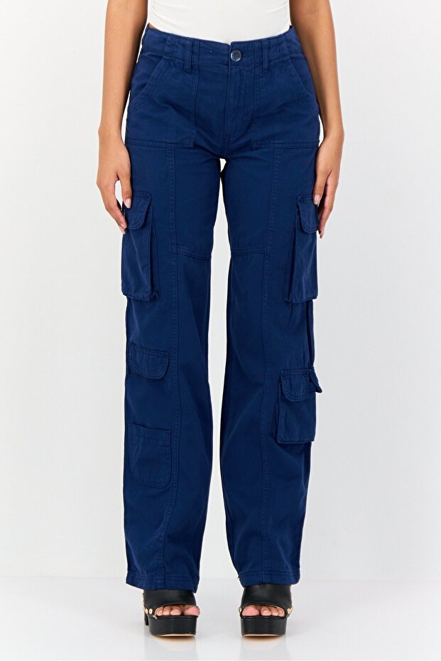 Women Regular Fit Solid Cargo Pants, Slate Blue