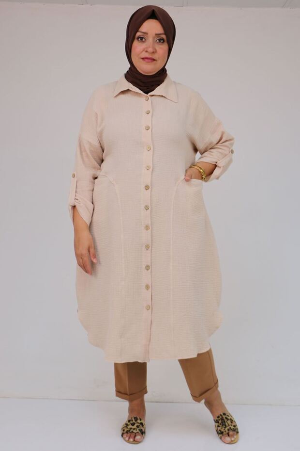58071-1 Large Size Muslin Shirt with Front Pockets - Beige