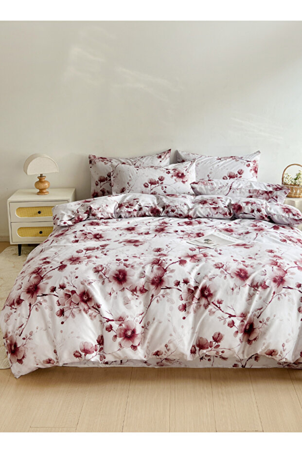Queen size 6pc duvet cover set featuring a Sakura Dusty Pink print on a white background 200X230cm.