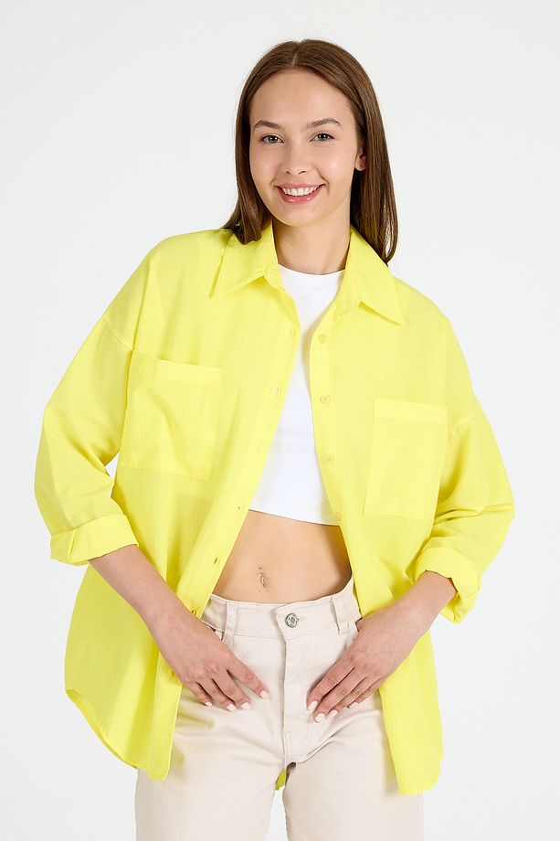 Sarı Çift Cepli Oversize Uzun Basic Gömlek TCR 6256A - 1