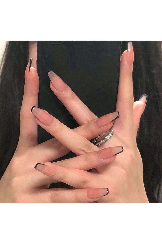 black ARTAUG 24PCS Medium Coffin Black French Tip Press On Nails Fleshcolor Fake Nail Cheap Nails Su