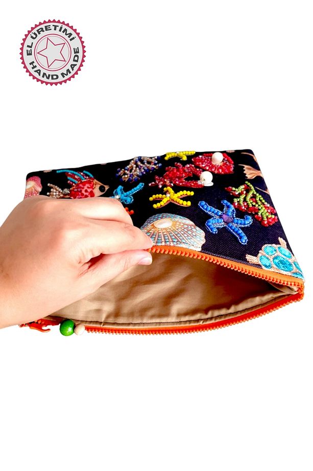- Sümeyya 2589 7348 El Yapımı Deniz Canlıları Desenli Boncuk İşlemeli Clutch / Askılı Çanta - 1