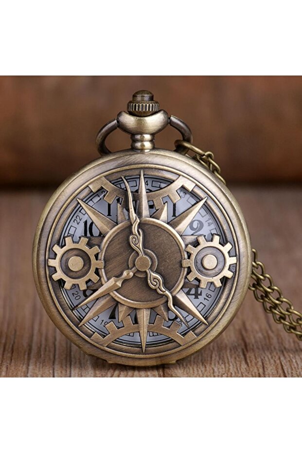 Bronze Exquisite Retro Bronze Steampunk Hollow Gear Design Quartz Pocket Watch with Necklace Chain L