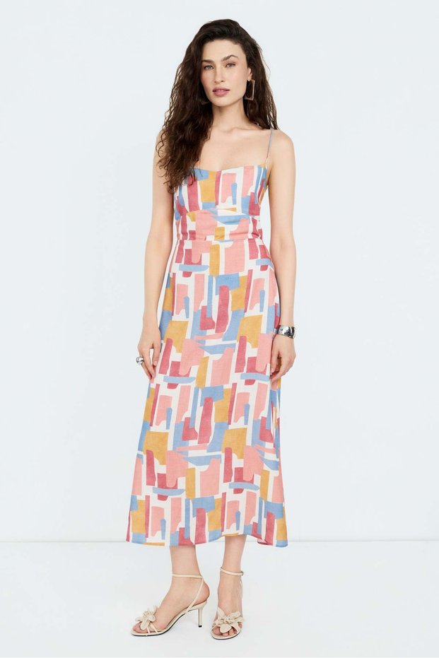 Pastel Printed Open Back Linen Dress