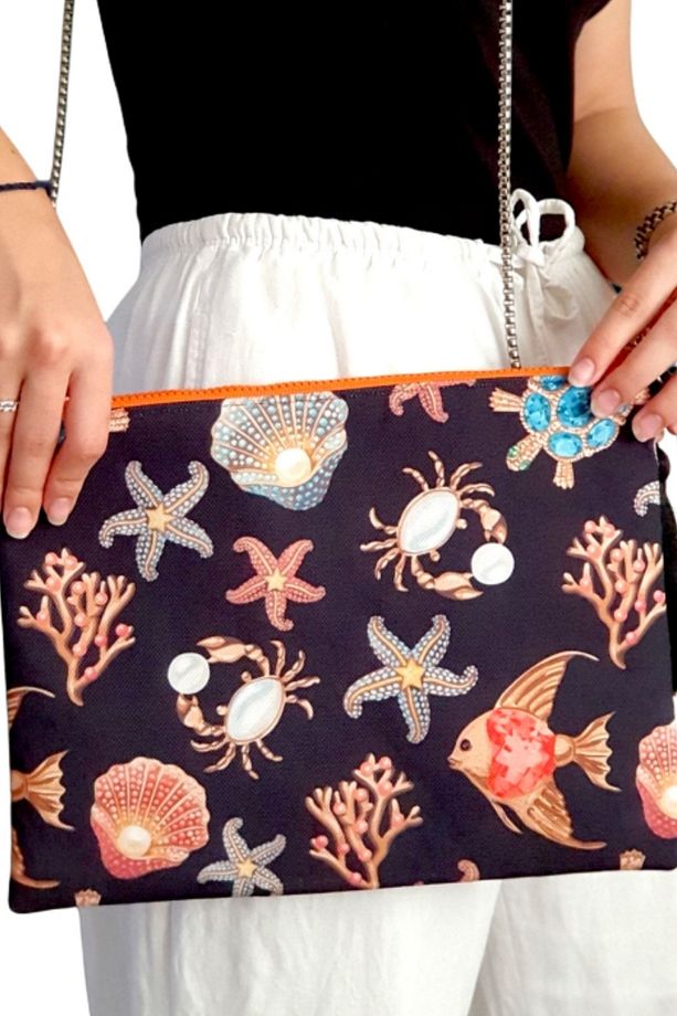 - Sümeyya 2589 7348 El Yapımı Deniz Canlıları Desenli Boncuk İşlemeli Clutch / Askılı Çanta - 4