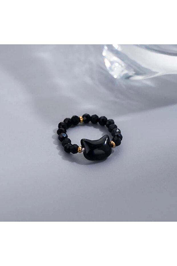 01 1pcs Natural Moonstone Obsidian Rings Beads Minimalist Fidget Ring Cute Black White Cat Ring Wome