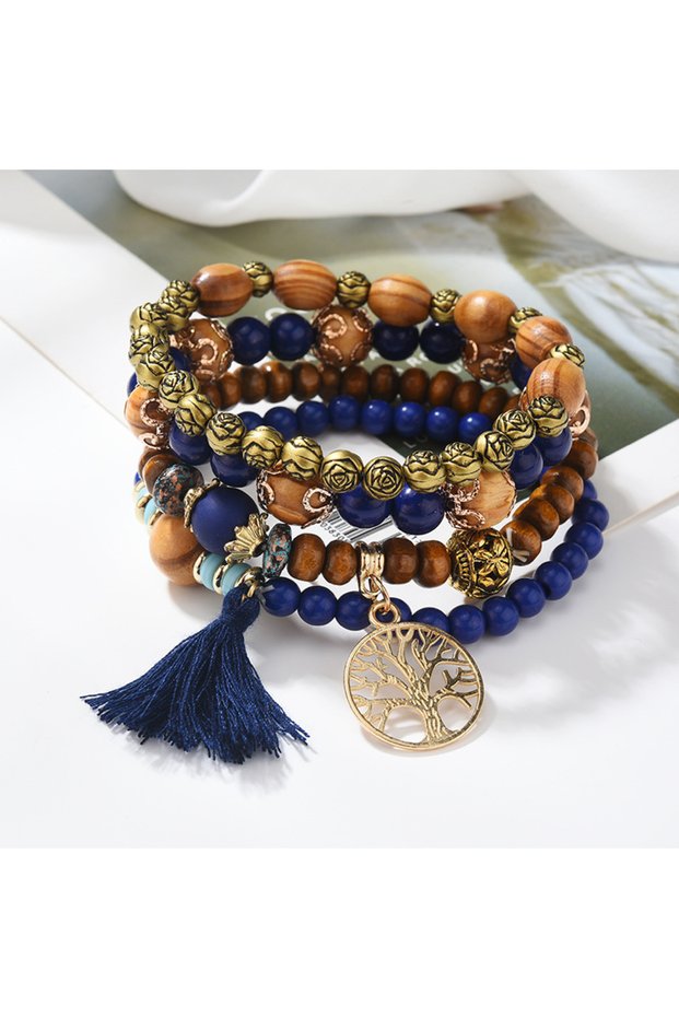 Dark blue-gray 4Pcs Bohemia Tree Of Life Charm Beaded Bracelet Set For Women Handmade Wood Beads Cha