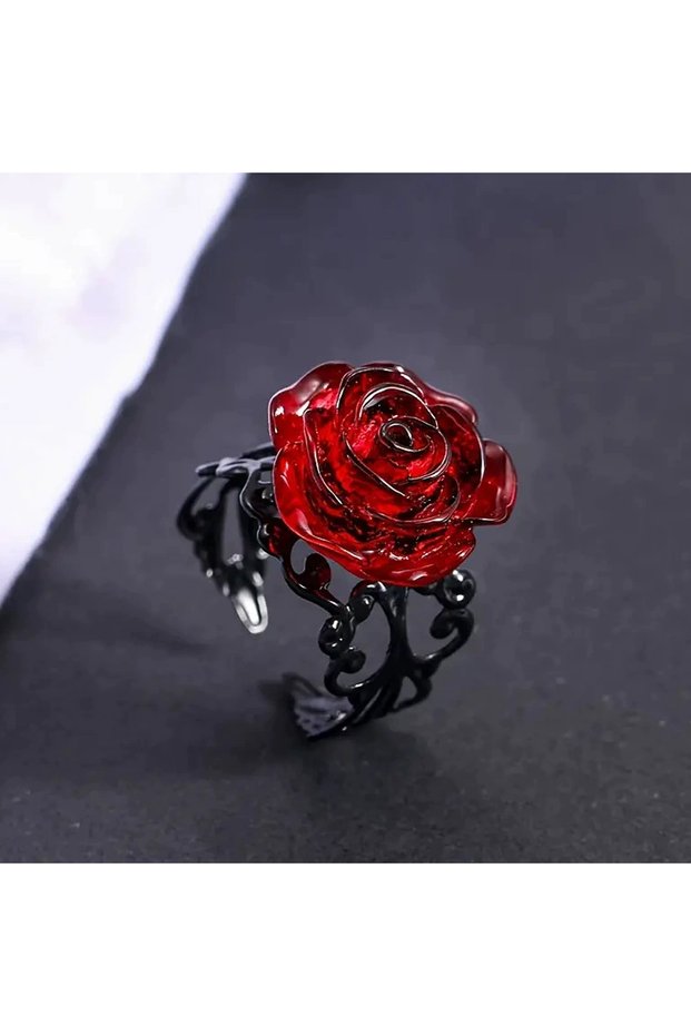 AJZ10038 Punk Gothic Red Rose Ring Ornate Black Vine Witch Pagan Vintage Creative Halloween Cool Gir