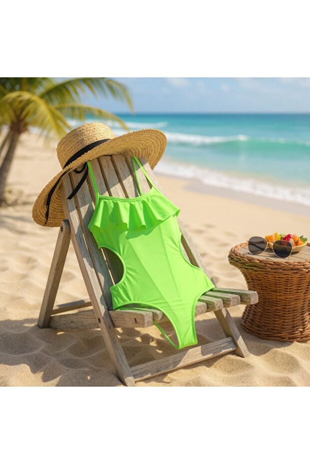Girl's Green Ruffled Side Cut Detailed Swimsuit