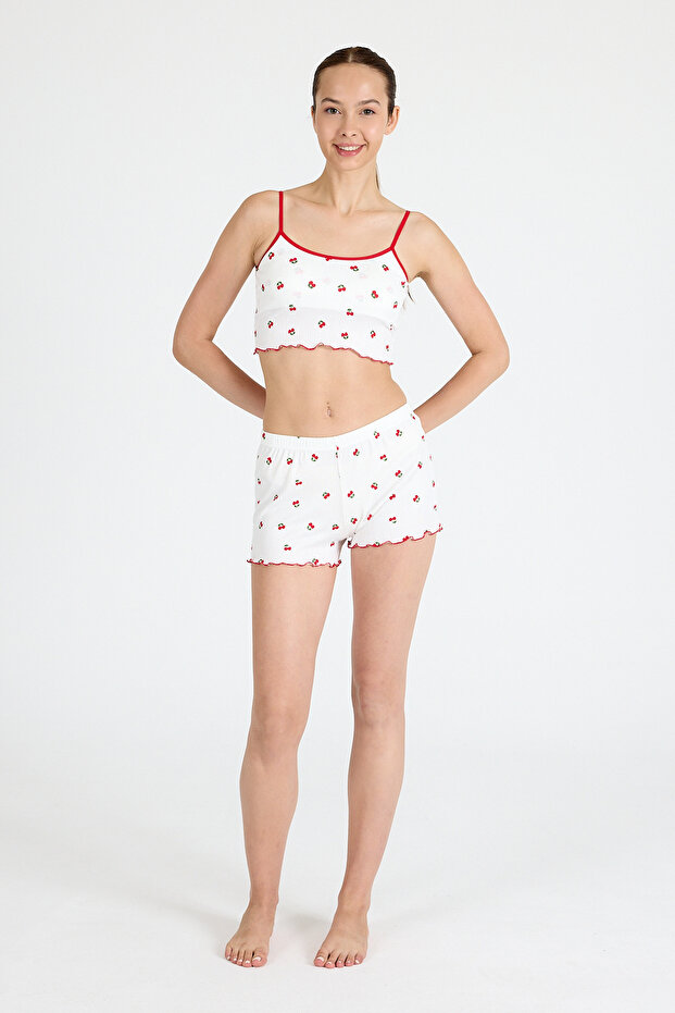 طقم شورت رياضي منقوش باللون الأبيض الكرزي 3403 - 3